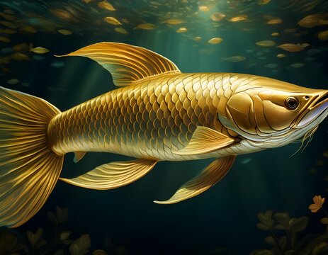 Ein eleganter, goldschimmernder Arowana schwimmt in einem edlen Aquarium mit dunklem Hintergrund