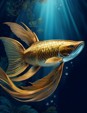 Ein eleganter, goldschimmernder Arowana schwimmt in einem edlen Aquarium mit dunklem Hintergrund