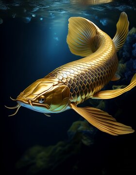 Ein eleganter, goldschimmernder Arowana schwimmt in einem edlen Aquarium mit dunklem Hintergrund