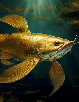 Ein eleganter, goldschimmernder Arowana schwimmt in einem edlen Aquarium mit dunklem Hintergrund