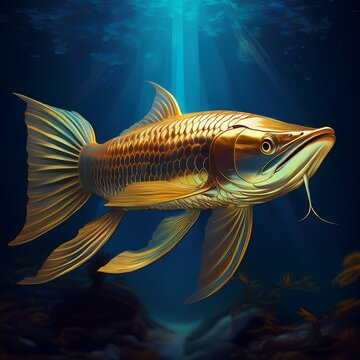 Ein eleganter, goldschimmernder Arowana schwimmt in einem edlen Aquarium mit dunklem Hintergrund