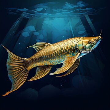 Ein eleganter, goldschimmernder Arowana schwimmt in einem edlen Aquarium mit dunklem Hintergrund