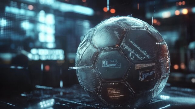 Futuristic soccer ball in a digital landscape showcasing technological advancement