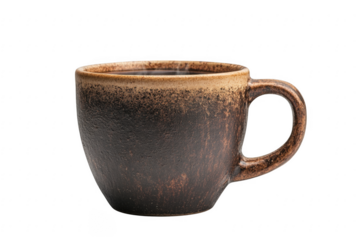 Dark brown ceramic coffee mug with hot coffee isolated on transparent background