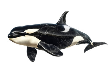 Fototapeta premium Solitary Orca, Marine Predator On White or transparent. Majestic Killer Whale Isolated Against A Dark Background. Wild Animal.