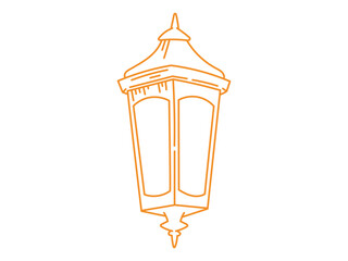 Orange doodle line illustration of a vintage lantern with warm glowing light. Vector hand drawn icon perfect for cozy fairytale designs, magical decorations, or festive creative projects.