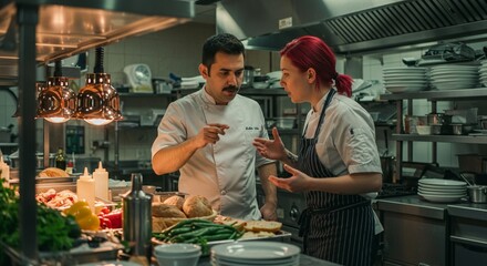 Two chefs in a restaurant kitchen, deciding on the final dish for the menu, with ingredients and plates around them