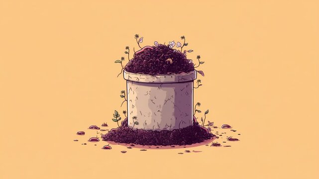 Illustration of vermicomposter overflowing with red wiggler worms on pastel background, eco-friendly organic waste recycling concept
