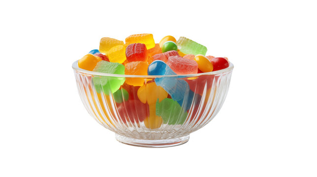 A clear glass bowl filled to the brim with colorful assorted gummy candies on black background isolated on transparent background