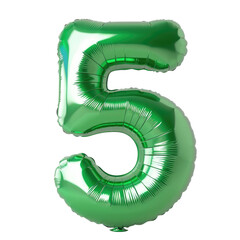Green Foil Balloon In Shape Of Number 5 On White or transparent. Isolated Object For Party Decor Or Anniversary.