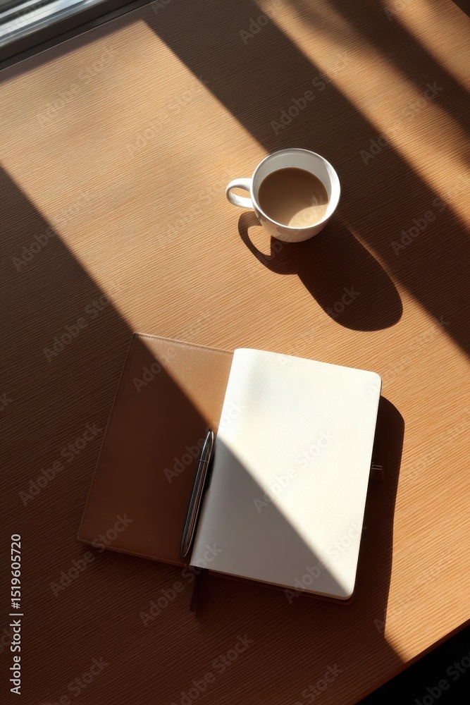 Poster sunlit workspace showcasing simplicity with notebook and cup creating a harmonious atmosphere for pr