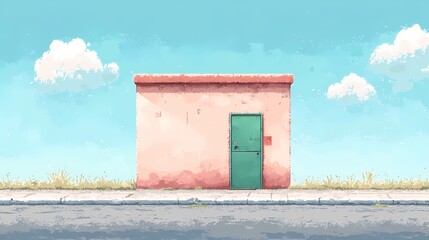 Illustration of a small pink building with a green door under a bright summer sky.  Simple, minimalist architectural design.