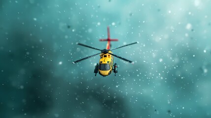 Emergency Medical Helicopter Flying Through Snowstorm. Air Rescue, Urgent Medical Transportation, Winter Weather Conditions