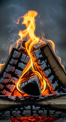 Close-up of a burning campfire with glowing logs and vivid orange flames, capturing warmth, outdoor adventure, and the essence of nature's raw energy in high detail and vibrant color.