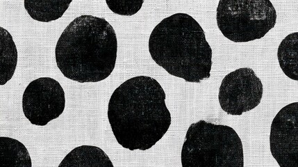 Japanese inspired fabric, Black irregular polka dots on a textured white fabric background, creating a bold and artistic abstract pattern.