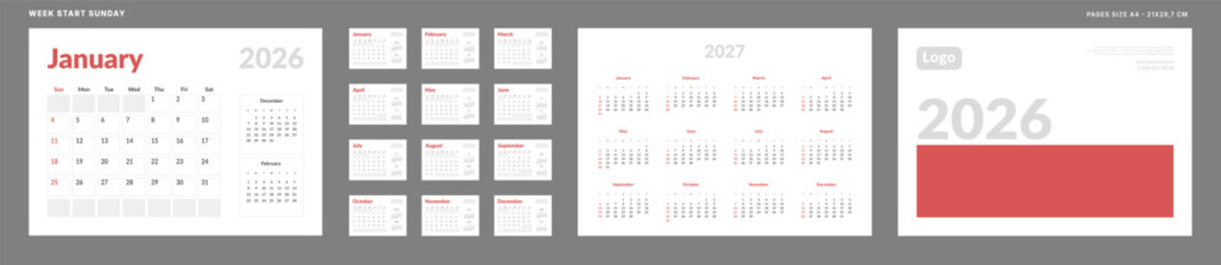2026 Calendar Planner Set of Template Monthly Page, Cover with Place for Photo, Company Logo, Annual 2027. Vector layout of a wall or desk calendar with week start Sunday for print. Page A4 -21x29.7cm