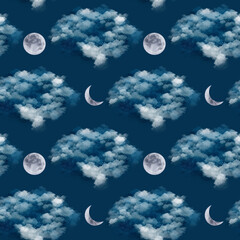 Blue and white clouds, stars, full moon, crescent on dark blue background, seamless pattern. Watercolor digital illustration. Cute for the kids decoration of clothes, textile, wrapping paper, room
