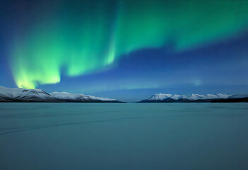 Naklejka premium Breathtaking aurora borealis dancing over snow covered mountains and frozen lake during night