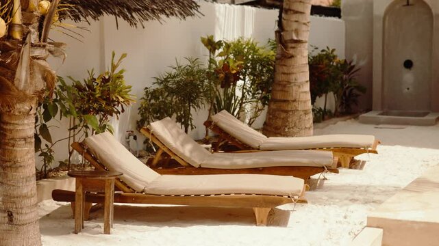 Hotel swimming pool sun lounger, travel accommodation boutique apartments