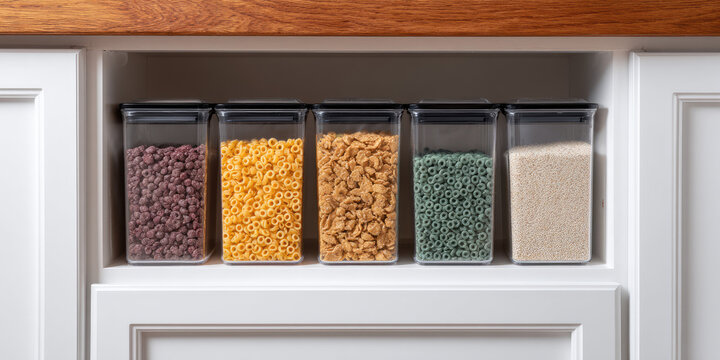 Five transparent containers on a shelf, each filled with different colored pasta or grains. Organized pantry storage concept