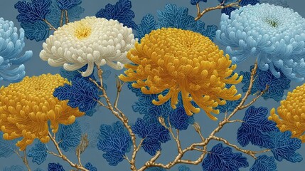 Japanese inspired fabric, Elegant chrysanthemums in yellow, white, and blue bloom amid detailed leaves on a blue background, resembling traditional Asian floral art.