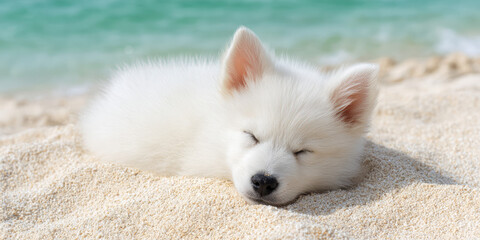 A fluffy white puppy is sleeping peacefully on the sandy beach near the sea. Tranquility, relaxation, cuteness