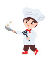 Happy Young Chef Cooking and Flipping Eggs in a Pan