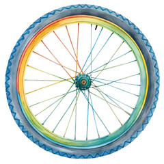 Fototapeta premium Watercolor Bicycle Wheel with Rainbow Rim and Blue Tire on transparent Background