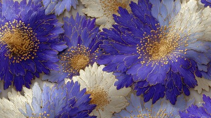 Japanese inspired fabric, Vibrant blue and cream flowers with intricate detailing overlap in a visually striking, textured floral pattern.