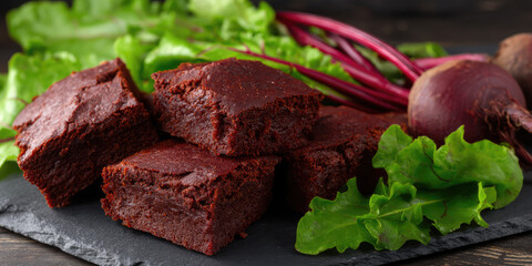 Chocolate brownies are stacked on a slate board with fresh beetroot and lettuce around. Dessert and vegetable combination