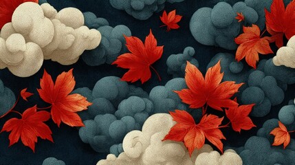 Japanese inspired fabric, Vivid red maple leaves float among textured blue and beige clouds on a dark, artistic background.