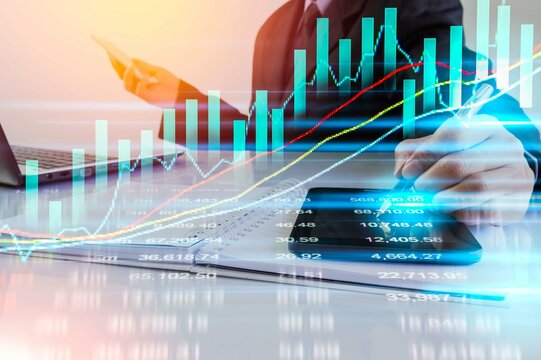 stock market analysis, businessman with tablet, financial trading chart overlay