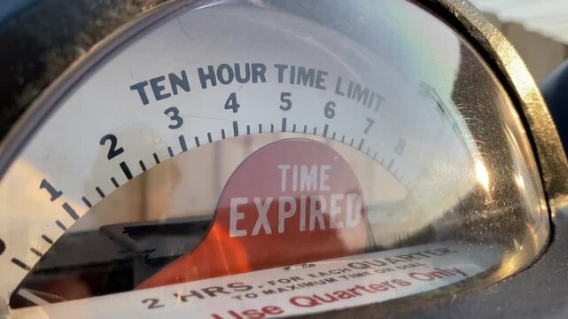 An extreme closeup view of a parking meter's EXPIRATION and VIOLATION tabs.  	