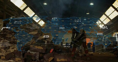 Steelworker swinging hammer at scrap metal, each swing driving map overlay icons spanning regions - Powered by Adobe