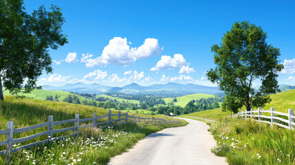 Serene countryside road surrounded by lush greenery and distant mountains under bright blue sky with fluffy clouds