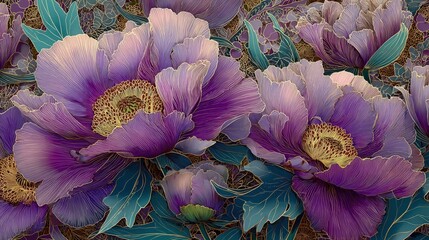 Japanese inspired fabric, Elegant illustration of large, purple peony flowers with detailed petals and teal leaves in a decorative, artistic style.