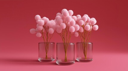 Three glass vases with pink flowers in them. the vases are arranged in a row, with the tallest vase on the left and the two smaller ones on the right.