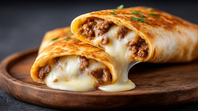 Cheesy beef melt quesadilla on wooden plate