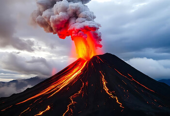 Erupting volcano displays dramatic lava flow and explosive ash plume under a stormy sky