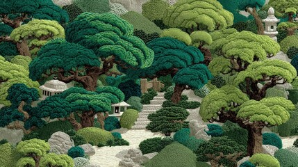 Japanese inspired fabric, Lush Japanese garden with sculpted trees, winding stone path, lanterns, and serene greenery, evoking a peaceful, traditional atmosphere.