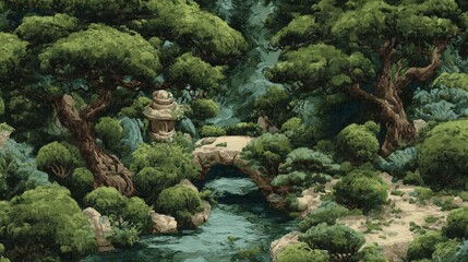 Japanese inspired fabric, A serene, lush Japanese garden featuring a stone lantern, arched bridge, winding stream, and vibrant, green trees.