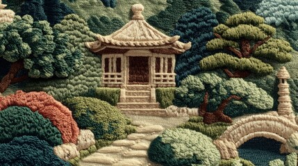 Japanese inspired fabric, Embroidered scene featuring an Asian-inspired pavilion, lush greenery, and a stone path in a tranquil garden setting.