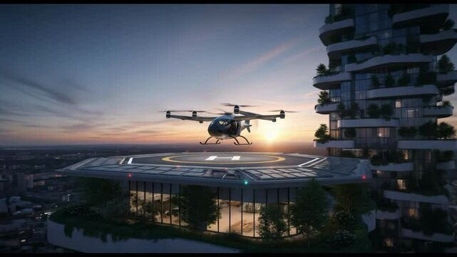 Electric Drone Taxi Landing on Eco Skyscraper Helipad, Smart City Transport