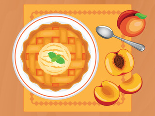 Lattice peach pie on a plate top view vector illustration. Round sweet pie and fresh peaches on a wooden table above view vector. Whole latticed peach pie and vanilla ice cream on the table drawing