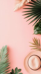 Tropical leaves and woven hat arranged on a soft pink background create a bright and inviting summer vacation template design element.