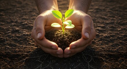 Seedling Growing in Hands with Sunlight and Roots