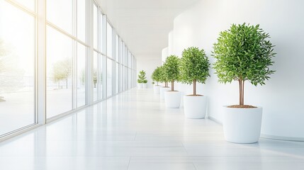 Green potted plants line bright corridor. White walls and floor reflect sunlight. Glass windows show trees outside. Modern interior with minimalist design.