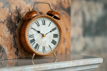 Close-up shot of antique clock with Roman numerals on mantel shelf