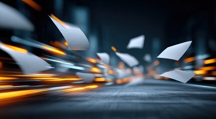 Abstract image of flying papers with motion blur and orange light streaks