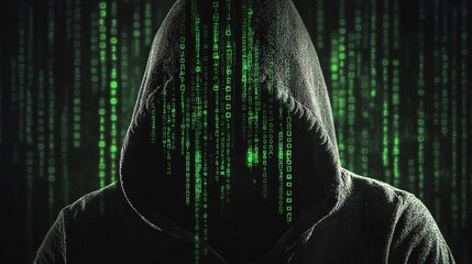 Male hacker with the hood, green code characters and digits like a digital rain. Reflect on his face in a dark office room